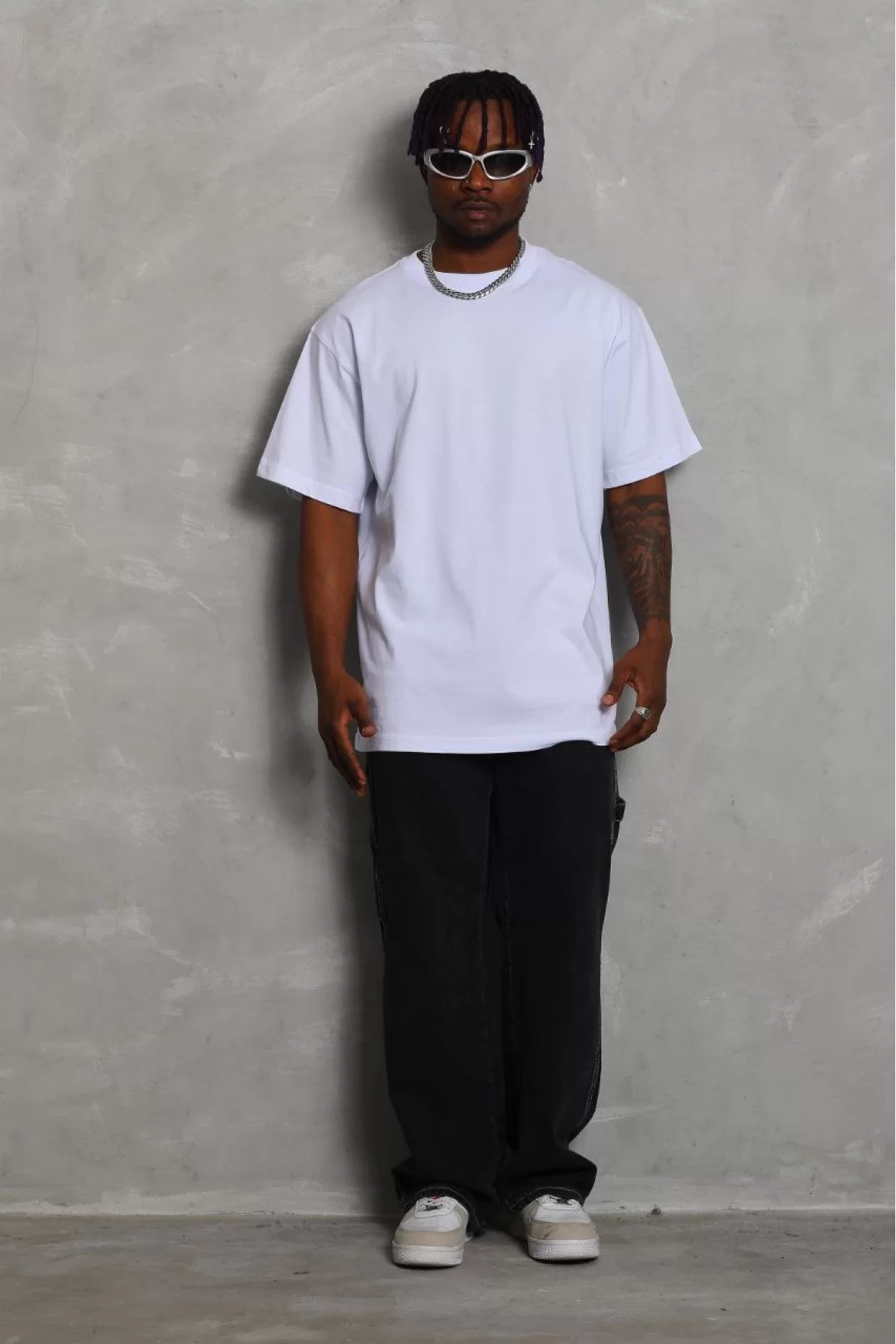 Oversize Düz Bisiklet Yaka T-Shirt Beyaz