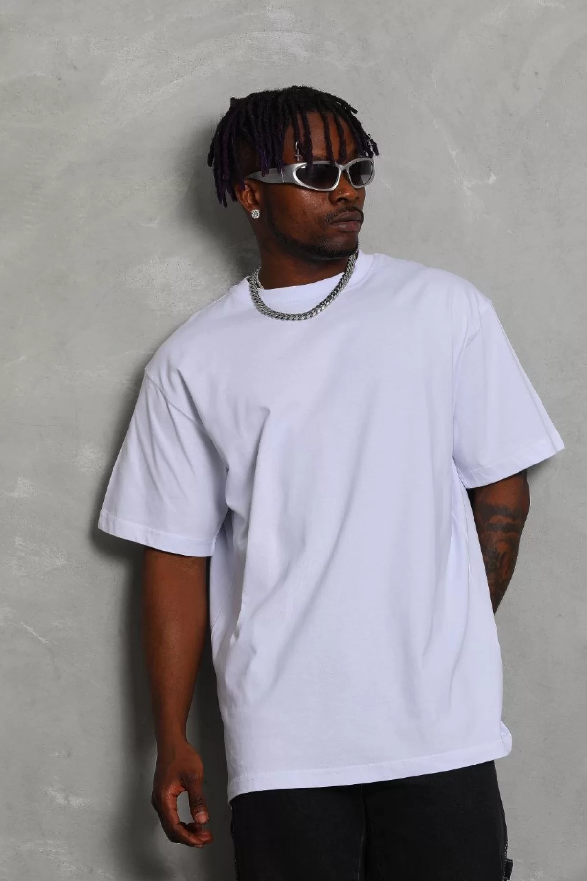 Oversize Düz Bisiklet Yaka T-Shirt Beyaz