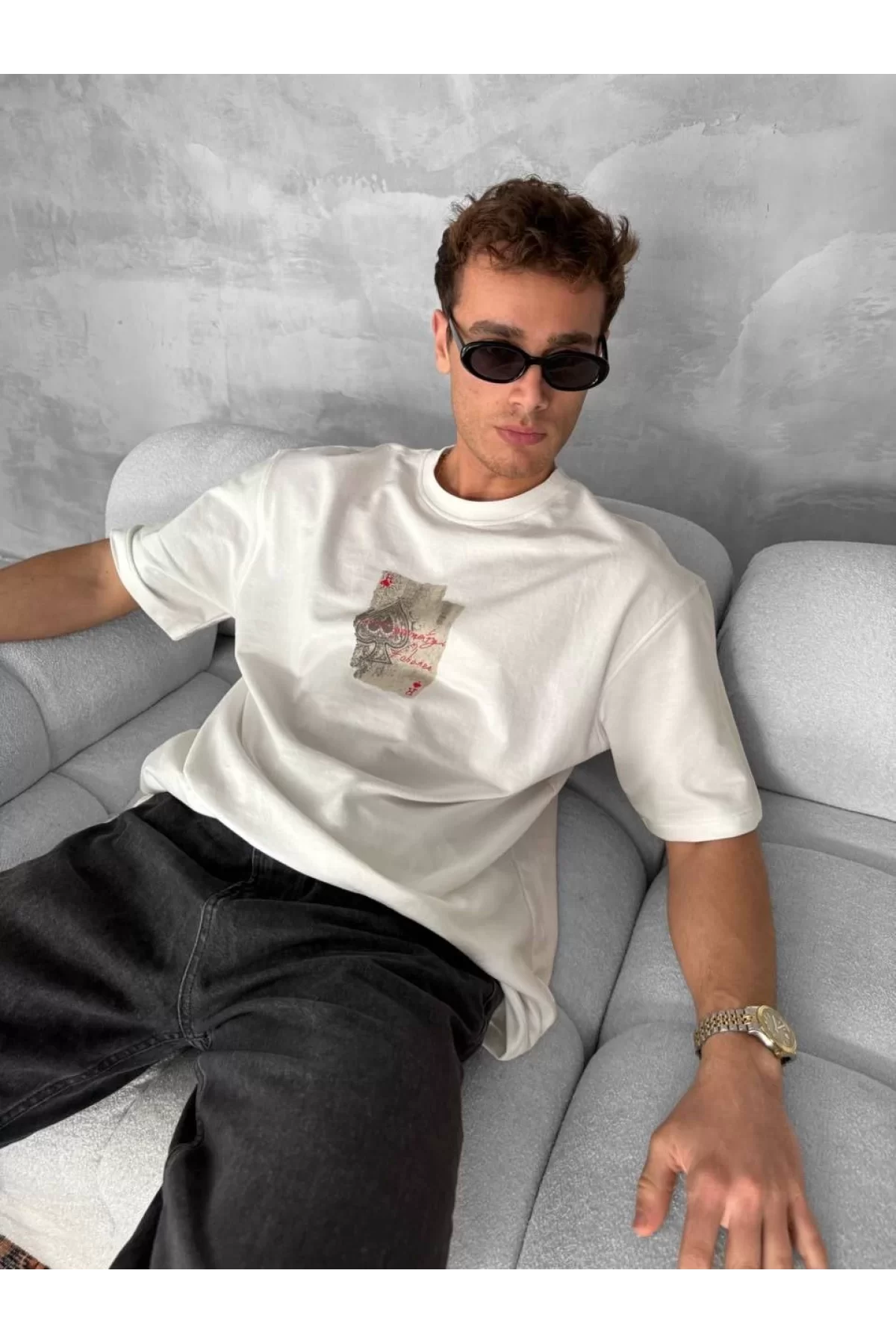 İskambil Baskılı Oversize Bisiklet Yaka T-shirt Beyaz