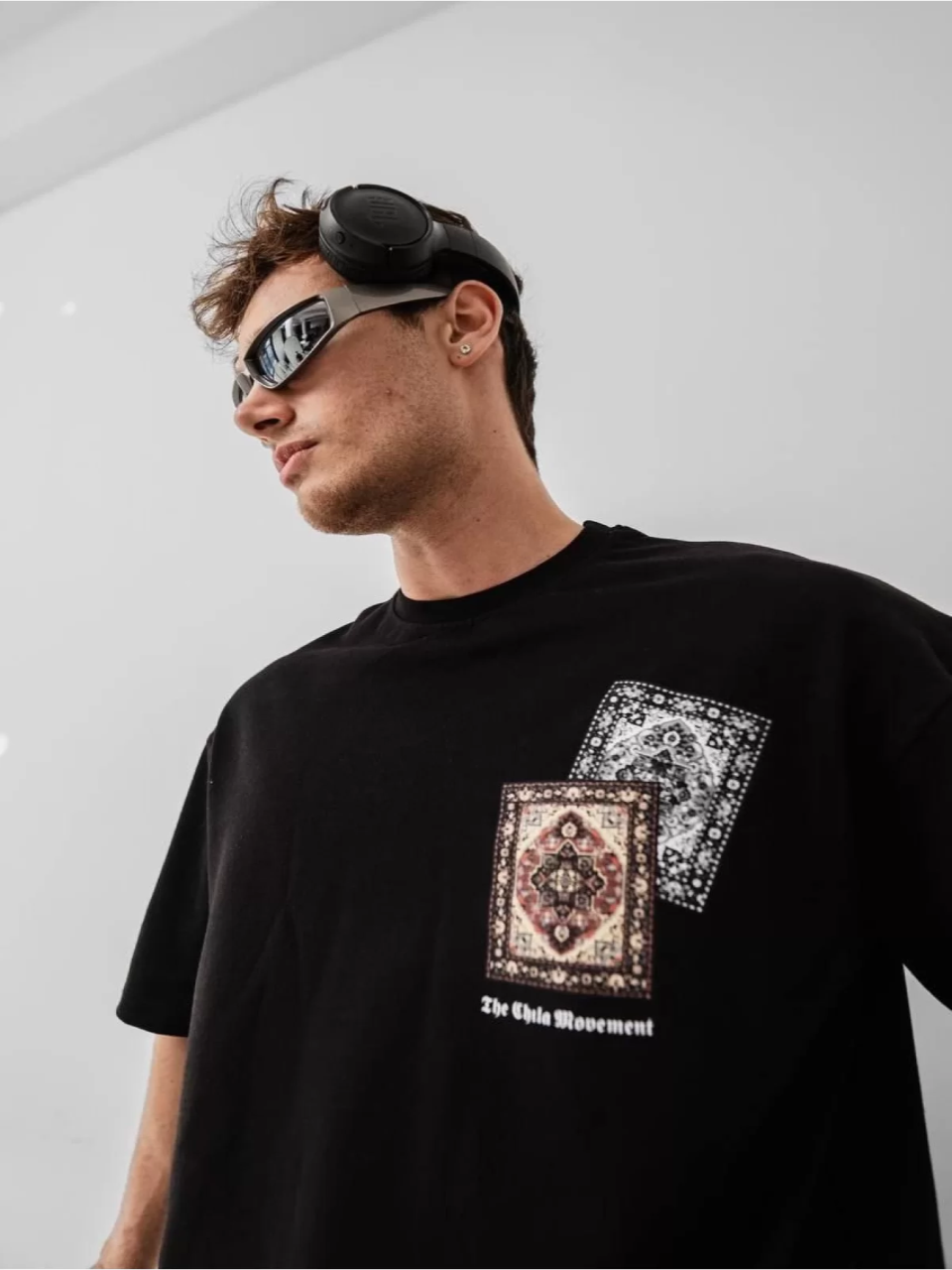 Kilim Baskılı Oversize Bisiklet Yaka T-Shirt Siyah