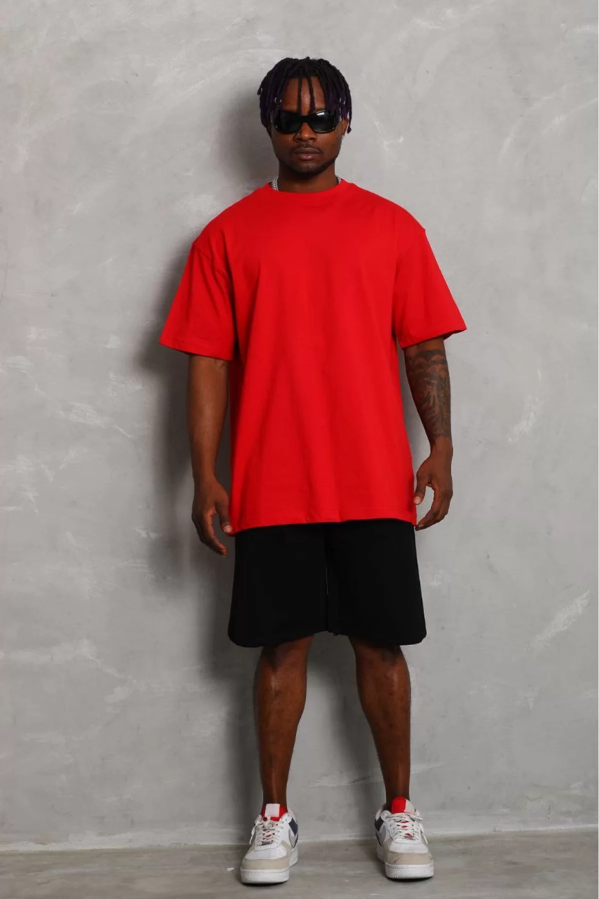 Oversize Düz Bisiklet Yaka T-Shirt Kırmızı