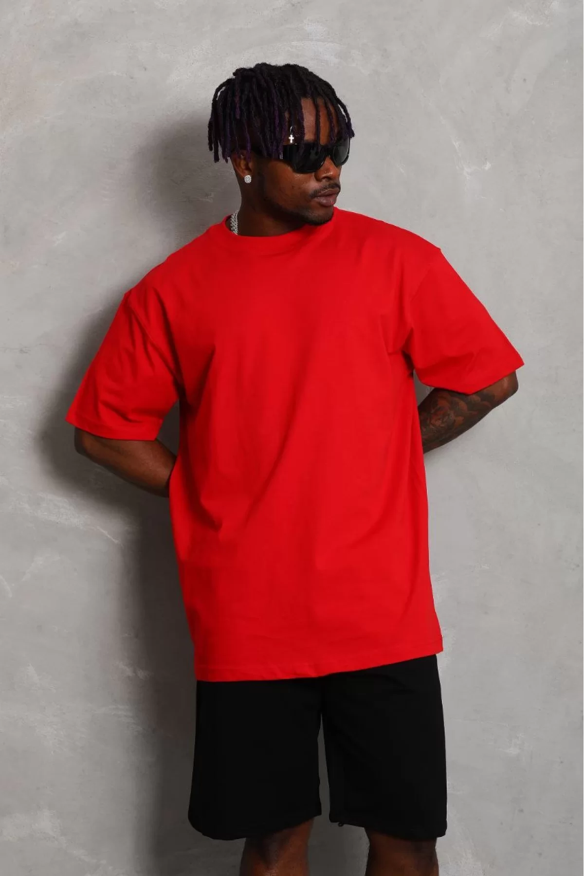 Oversize Düz Bisiklet Yaka T-Shirt Kırmızı