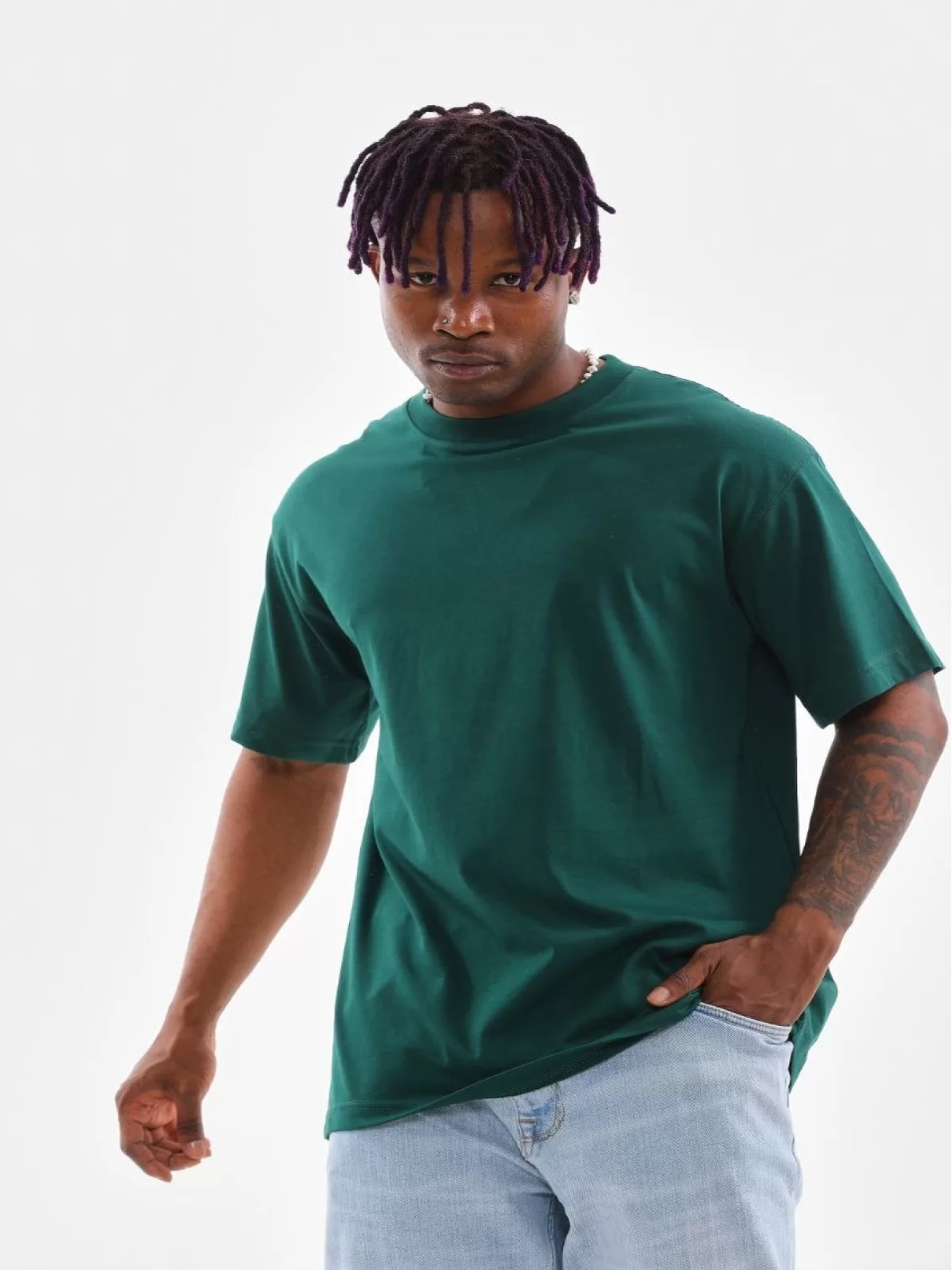 Oversize Düz Bisiklet Yaka T-Shirt Koyu Yeşil