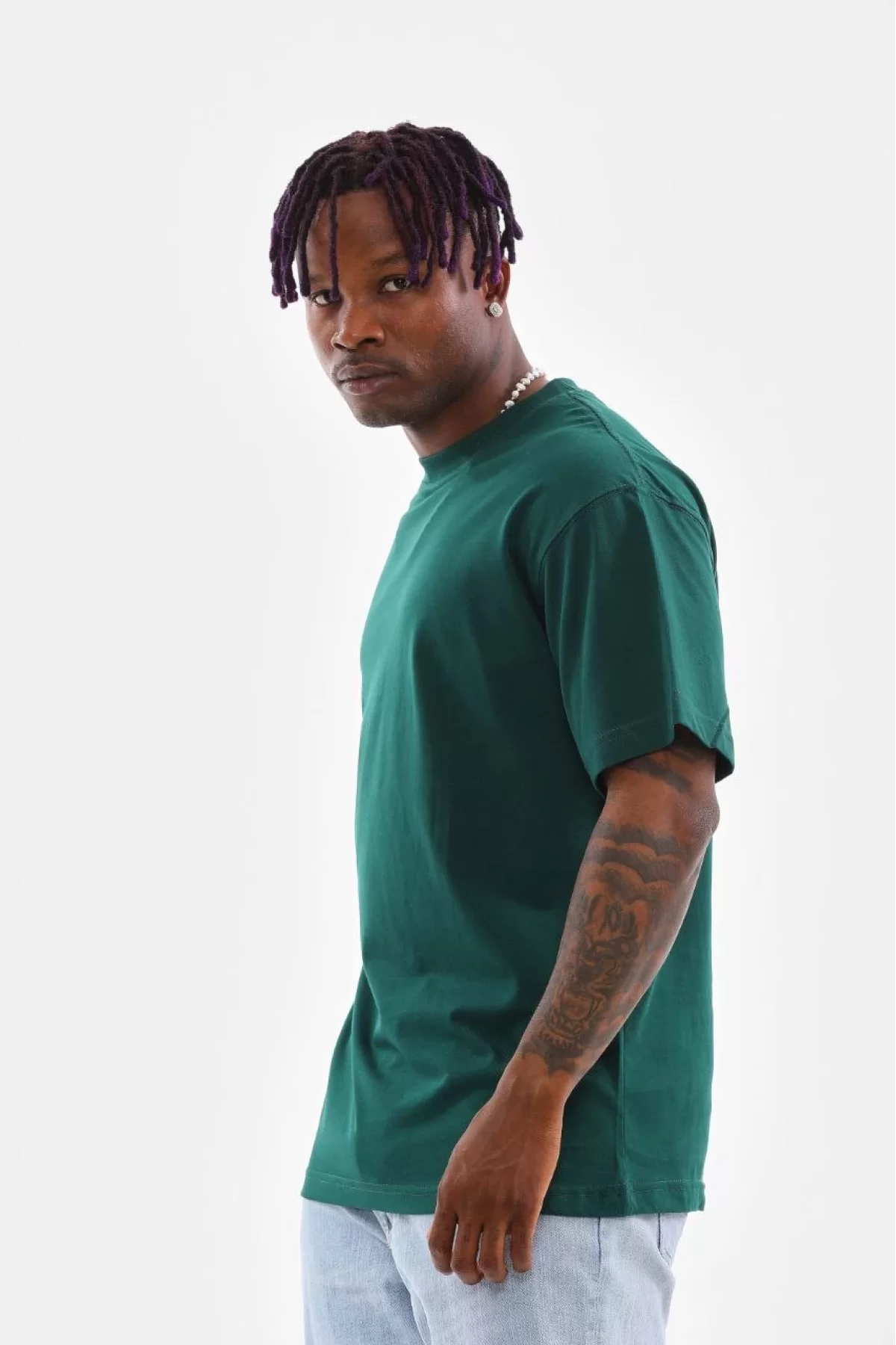 Oversize Düz Bisiklet Yaka T-Shirt Koyu Yeşil