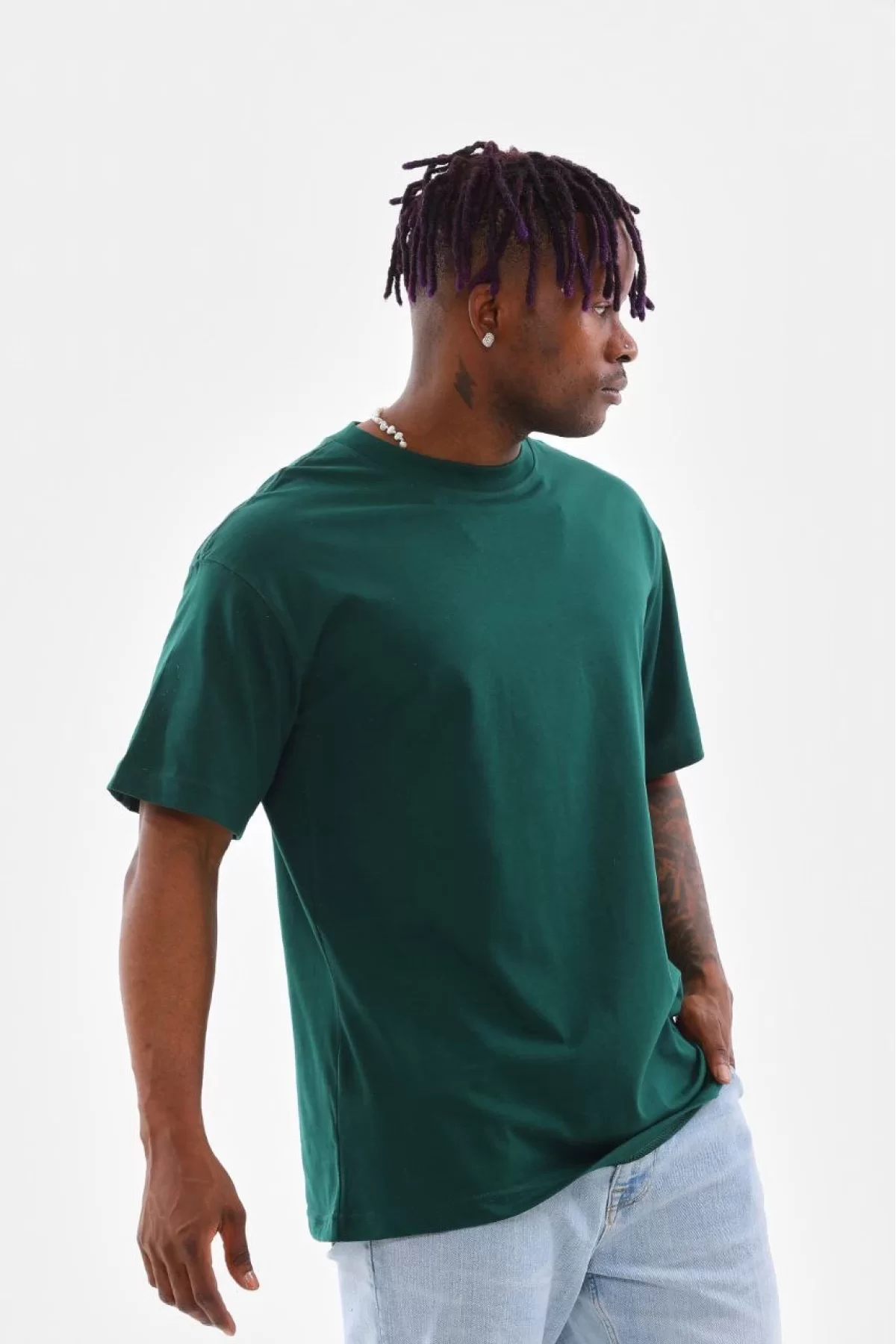 Oversize Düz Bisiklet Yaka T-Shirt Koyu Yeşil