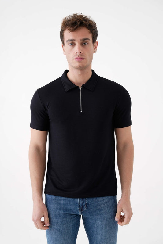 Slim Fit Dar Kesim Fermuarlı Polo Yaka Tişört