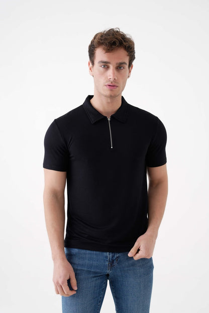 Slim Fit Dar Kesim Fermuarlı Polo Yaka Tişört