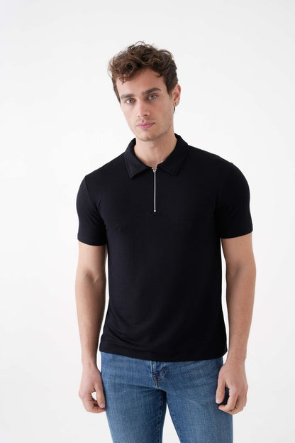 Slim Fit Dar Kesim Fermuarlı Polo Yaka Tişört