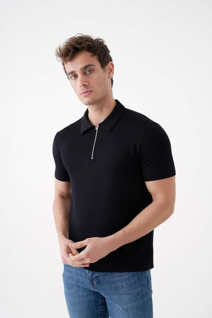 Slim Fit Dar Kesim Fermuarlı Polo Yaka Tişört