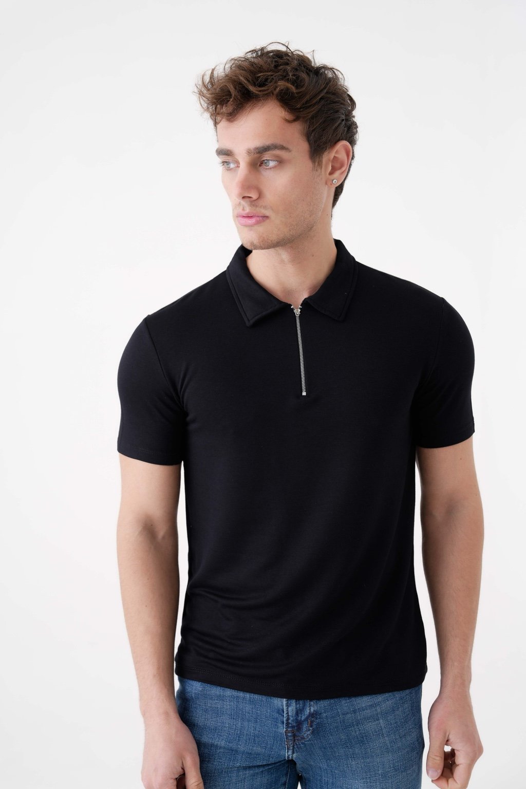 Slim Fit Dar Kesim Fermuarlı Polo Yaka Tişört