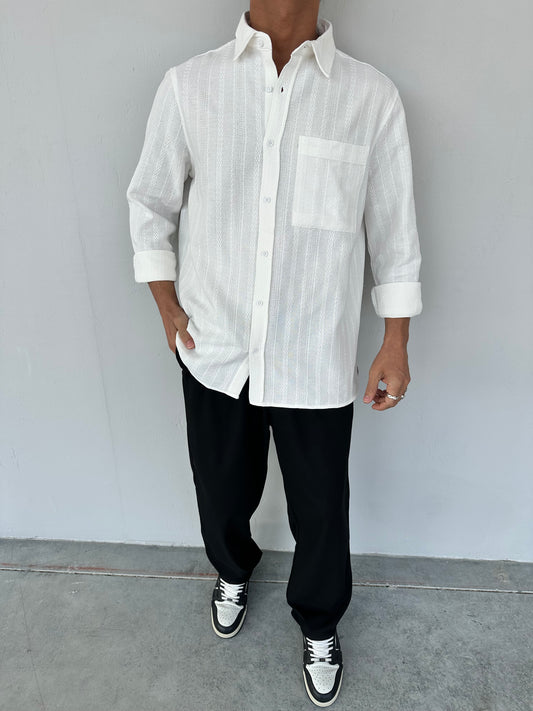 Keten Örgü Desenli Ekru Oversize Gömlek