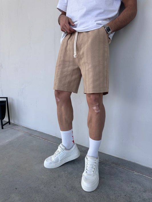 Keten Jogger Örgü Desenli Bej Şort
