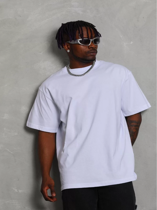 Oversize Düz Bisiklet Yaka T-Shirt Beyaz