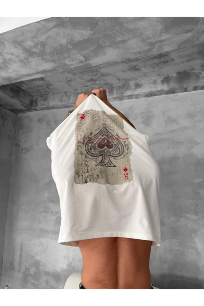 İskambil Baskılı Oversize Bisiklet Yaka T-shirt Beyaz
