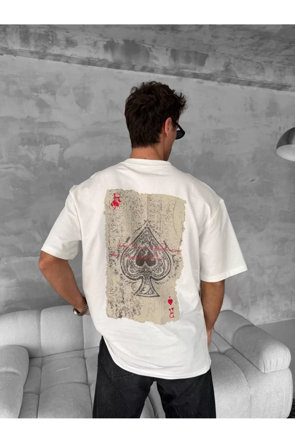 İskambil Baskılı Oversize Bisiklet Yaka T-shirt Beyaz