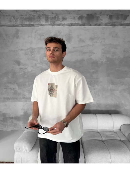 İskambil Baskılı Oversize Bisiklet Yaka T-shirt Beyaz