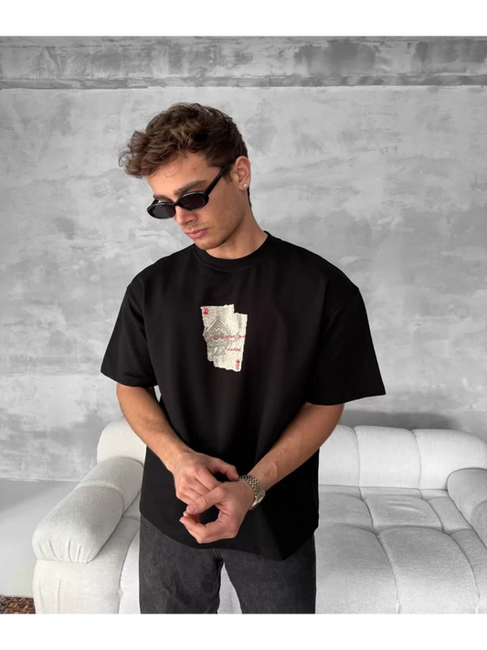 İskambil Baskılı Oversize Bisiklet Yaka T-shirt Siyah