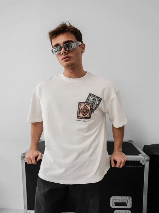 Kilim Baskılı Oversize Bisiklet Yaka T-shirt Beyaz