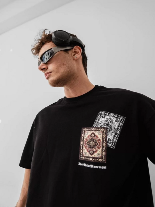 Kilim Baskılı Oversize Bisiklet Yaka T-Shirt Siyah