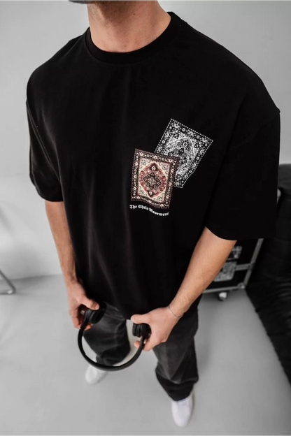 Kilim Baskılı Oversize Bisiklet Yaka T-Shirt Siyah