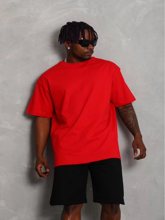 Oversize Düz Bisiklet Yaka T-Shirt Kırmızı